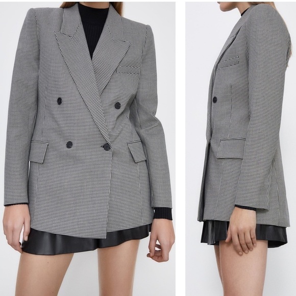 Zara Double breasted Checked Blazer Black White M - Picture 3 of 11